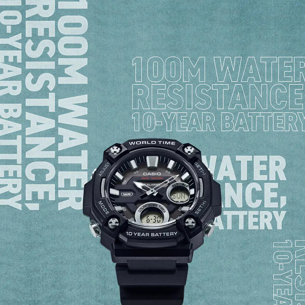 Casio Analog-Digital World Time AEQ-120W-1AVDF with Fishing Timer Black Dial Resin Strap Men's Watch
