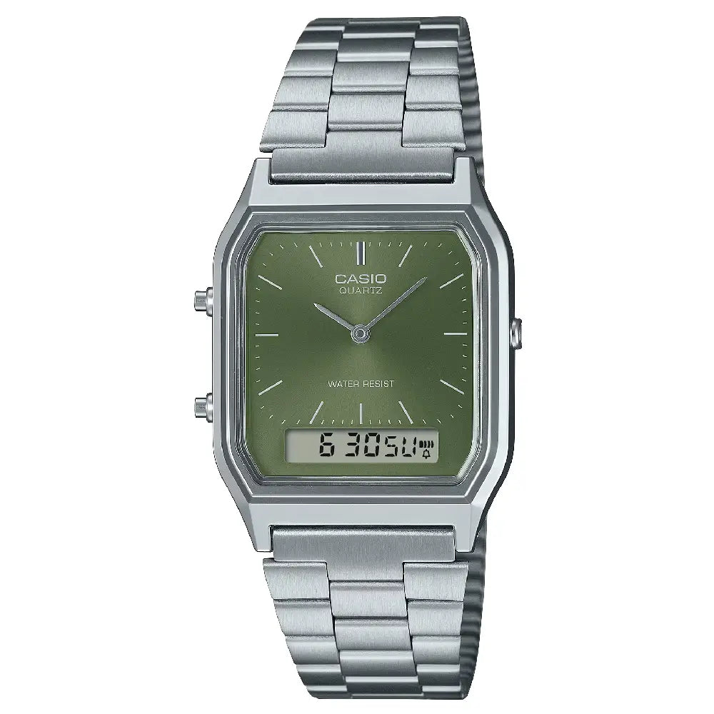 Casio Analog-Digital AQ-230A-3AMQYDF Green Dial Stainless Steel Unisex Watch